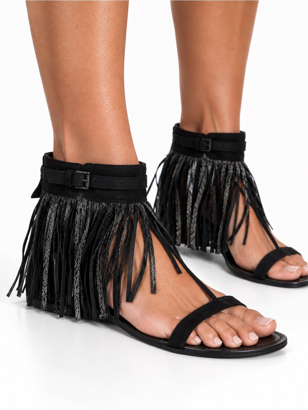 WESTERN MODERN BOHO Bohemian Black Fringe Leather Ankle Gladiator Sandal